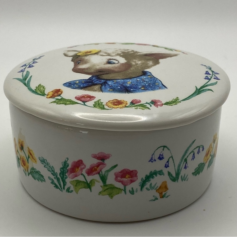 Vintage Floral Lamb Ceramic Trinket Box 3” x 1.5” w/ Lid Friends Spring Nursery
